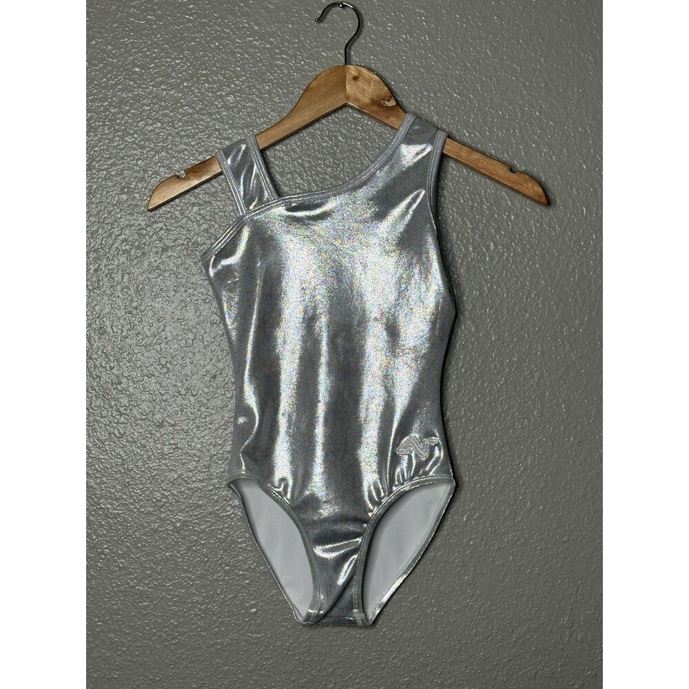 Alpha Factor Youth Medium Silver Foil Leotard New Gymnastics Dance